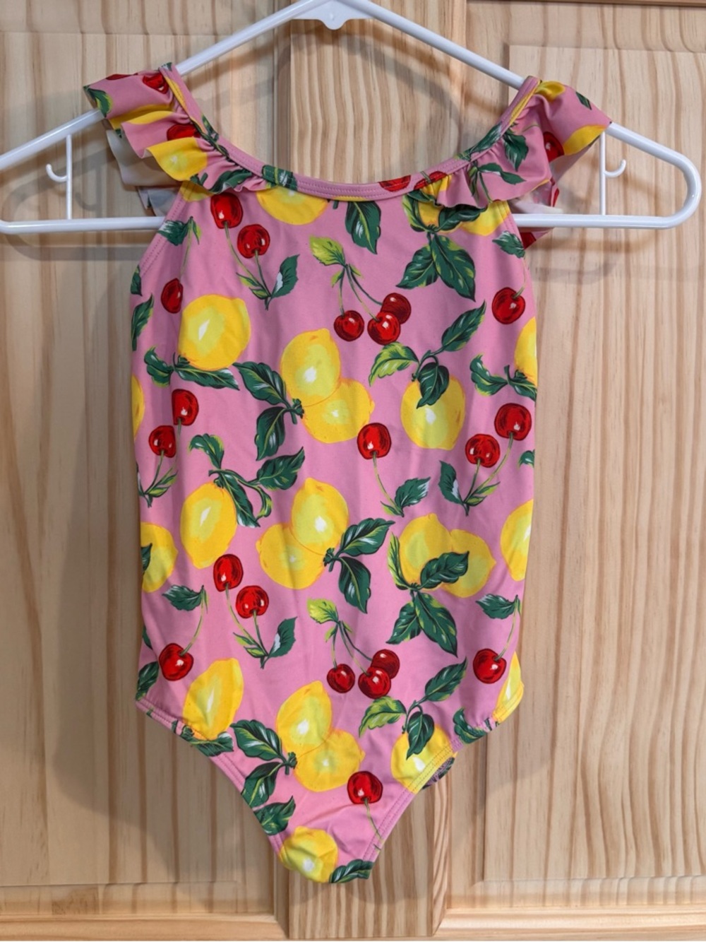 Mini Boden‎ Pink Swimsuit One Piece Ruffle Yellow and Green Fruit Print 7-8